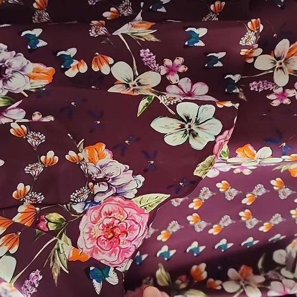 Parker Bohemian Contemporary Maroon Floral Butterflies Silk Blouse Top L (O15) - Picture 13 of 13